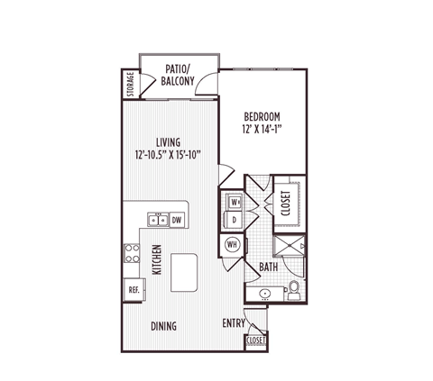 Floor plan for 1 bed, 1 bath, 862 sqft